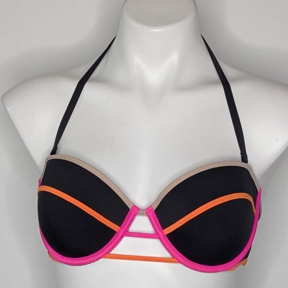 Victoria's Secret Black Pink Orange Tie Neck Bikini Top 36C